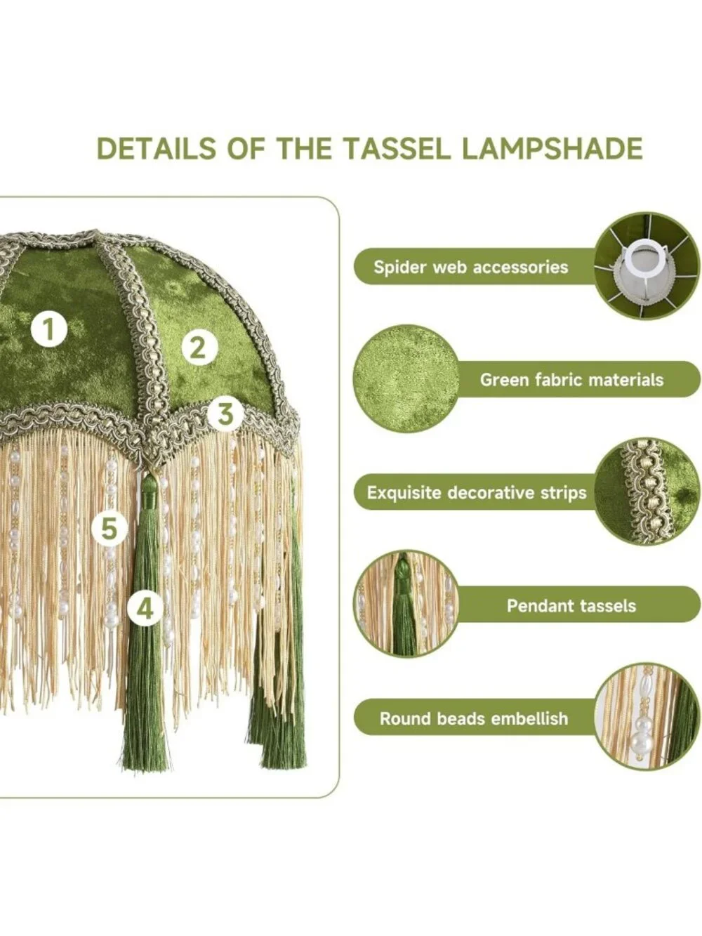 Victorian Style Bell Lampshade with Tassels, Velvet Top, Olive Green, 9.8” Width